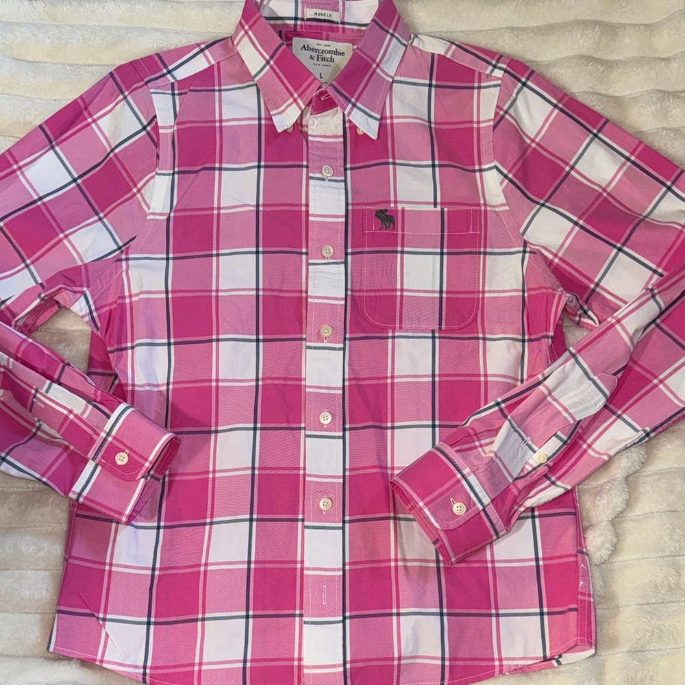 Abercrombie & Fitch Muscle Pink and White Plaid Button Down Shirt